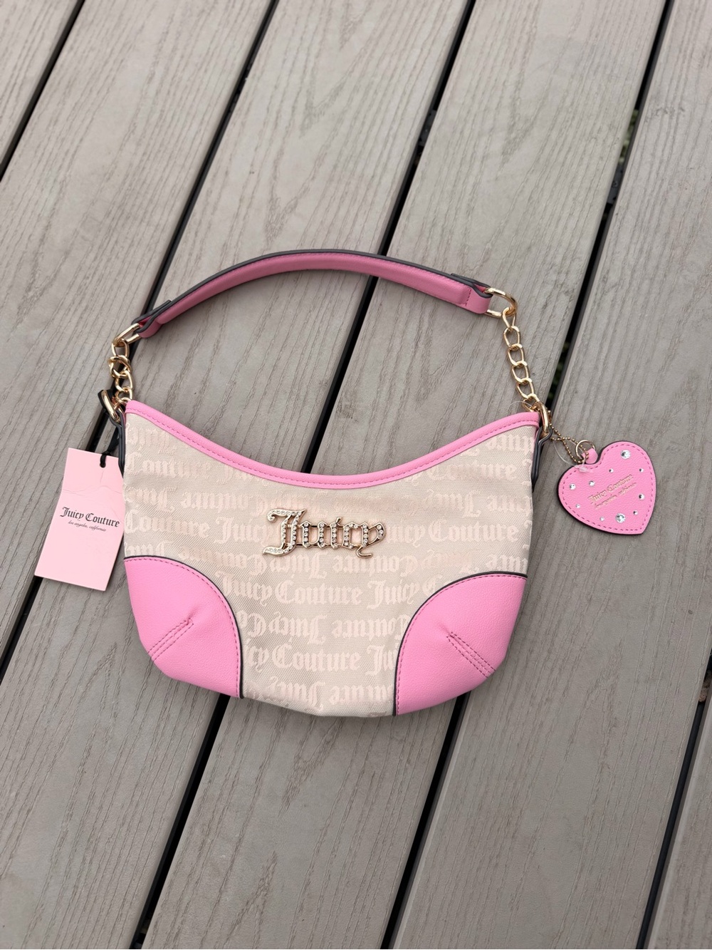 Juicy Couture Beige and Pink Signature Crescent Shoulder Bag